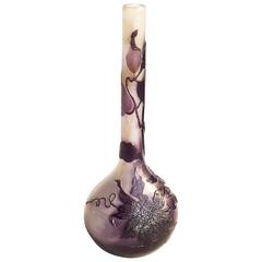 French Emile Galle Cameo Glass Long-Necked "Banjo" Vase, Clematis