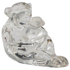 Crystal Glass Figurine of a Chimpanzee with Baby, Signed 'Saint-Louis'