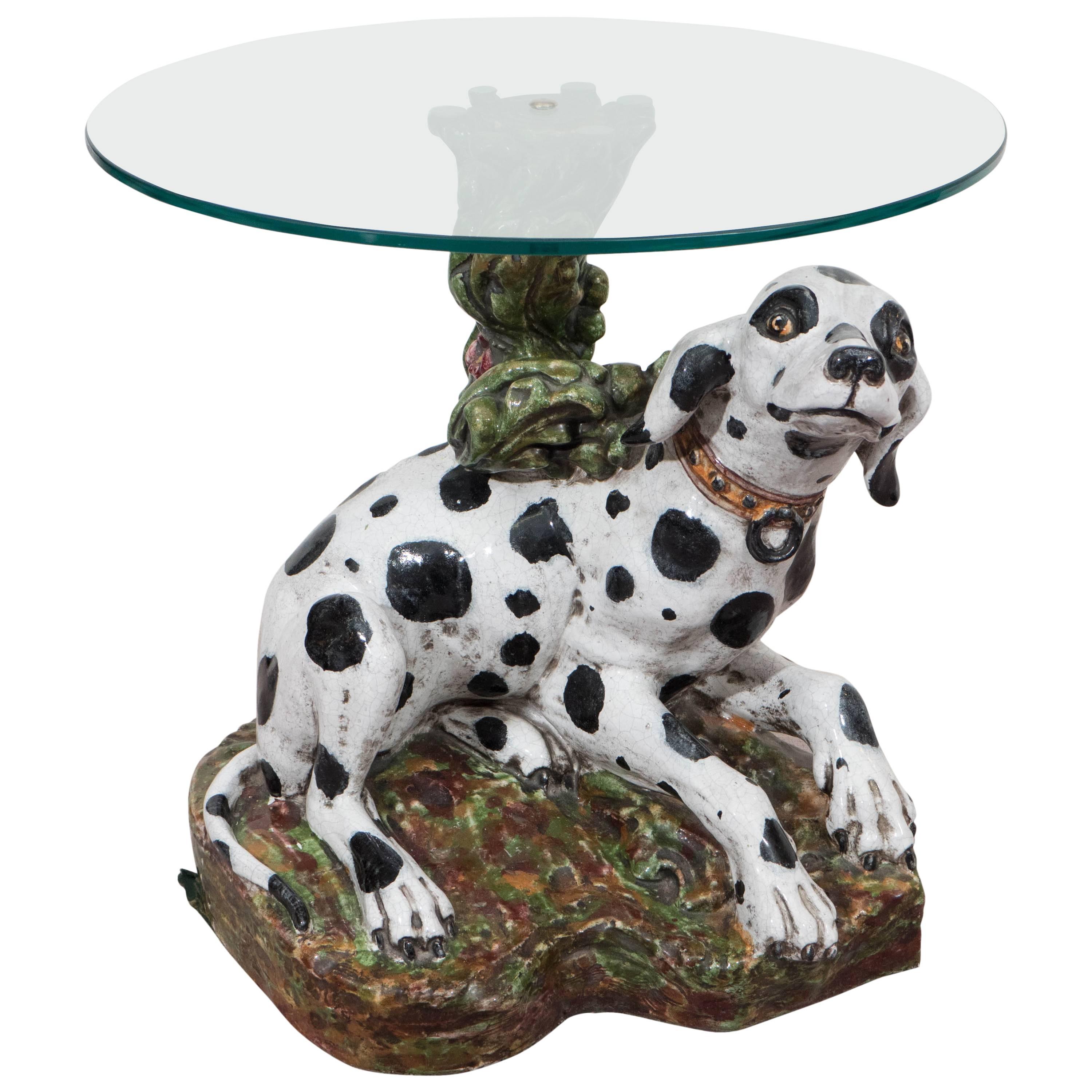 Italian 1960s Occasional Glass Top Table with Ceramic Dalmatian as Base