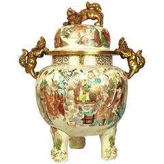Large Antique Japanese Satsuma Koro Covered Urn with Foo Dog Handles and Cover