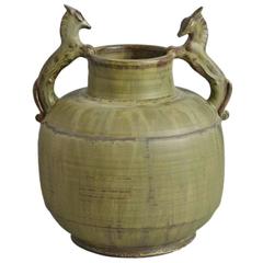 Unique Stoneware Vase with Horse Handles by Carl Halier