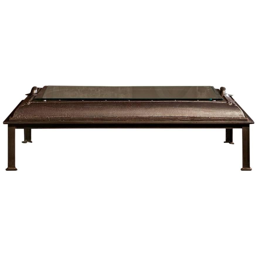 Cast Iron, Industrial Coffee Table Made from an Old Boiler Room Door For Sale
