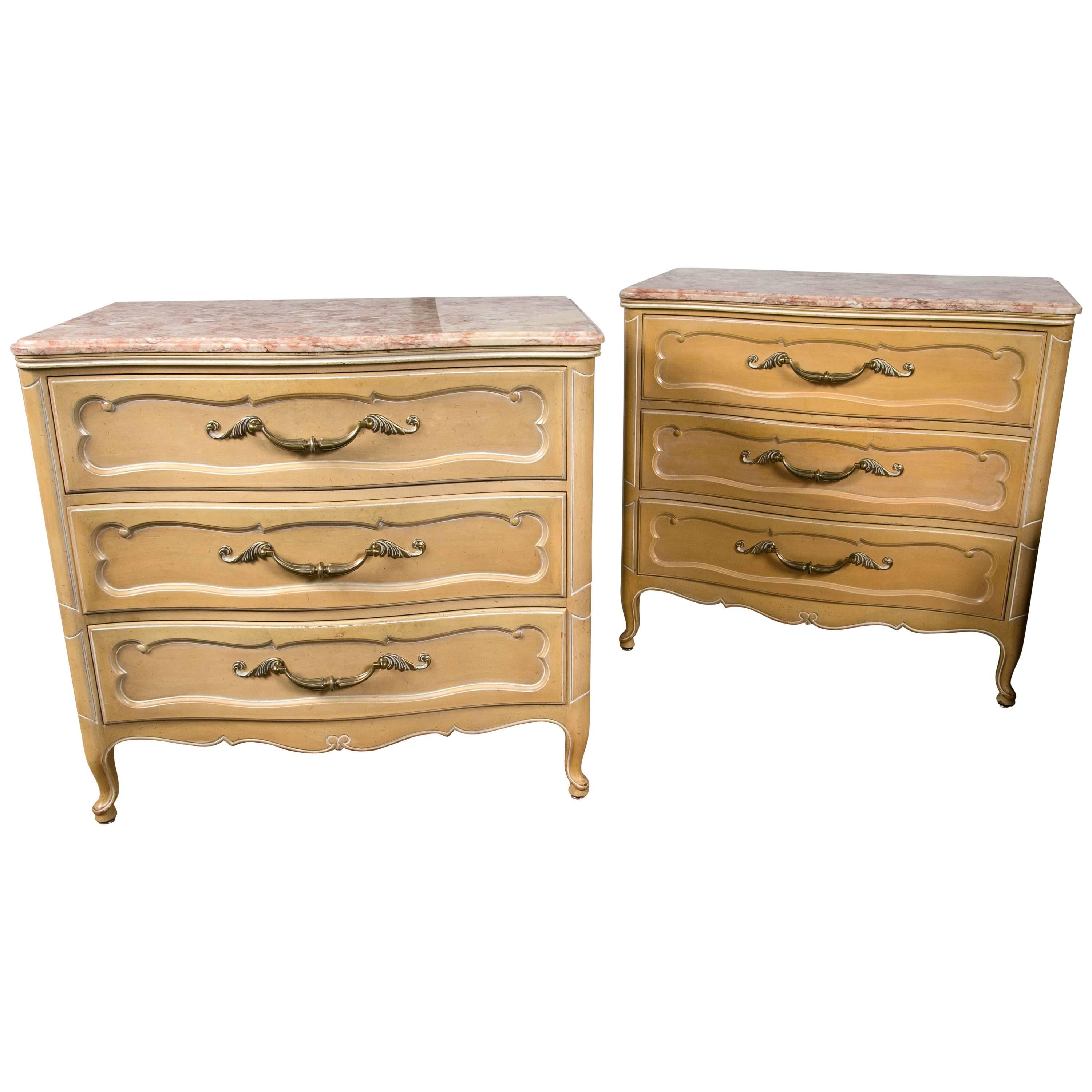 American Pair Of Louis XV Style Grosfeld House Marble-Top Distressed Four-Drawer Commodes For Sale