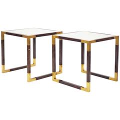 Italian 1970s Brass and Burl Side Tables