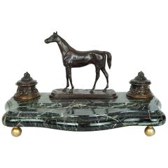 Bronze and Marble Figural Desk Inkwell with a Standing Horse