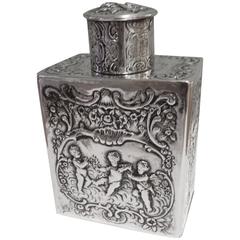 Antique Swedish Silver Flask or Decanter with Embossed Cherubs & Torch and Heart Design
