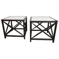 Pair of Contemporary Neoclassical Metal Side Tables with Inset Limestone Tops