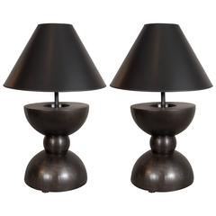 Pair of Blackened Steel Sculptural Geometric Form Steel Lamps, Larger Size