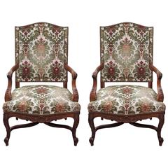 Pair of Antique French Walnut Upholstered Fauteuils
