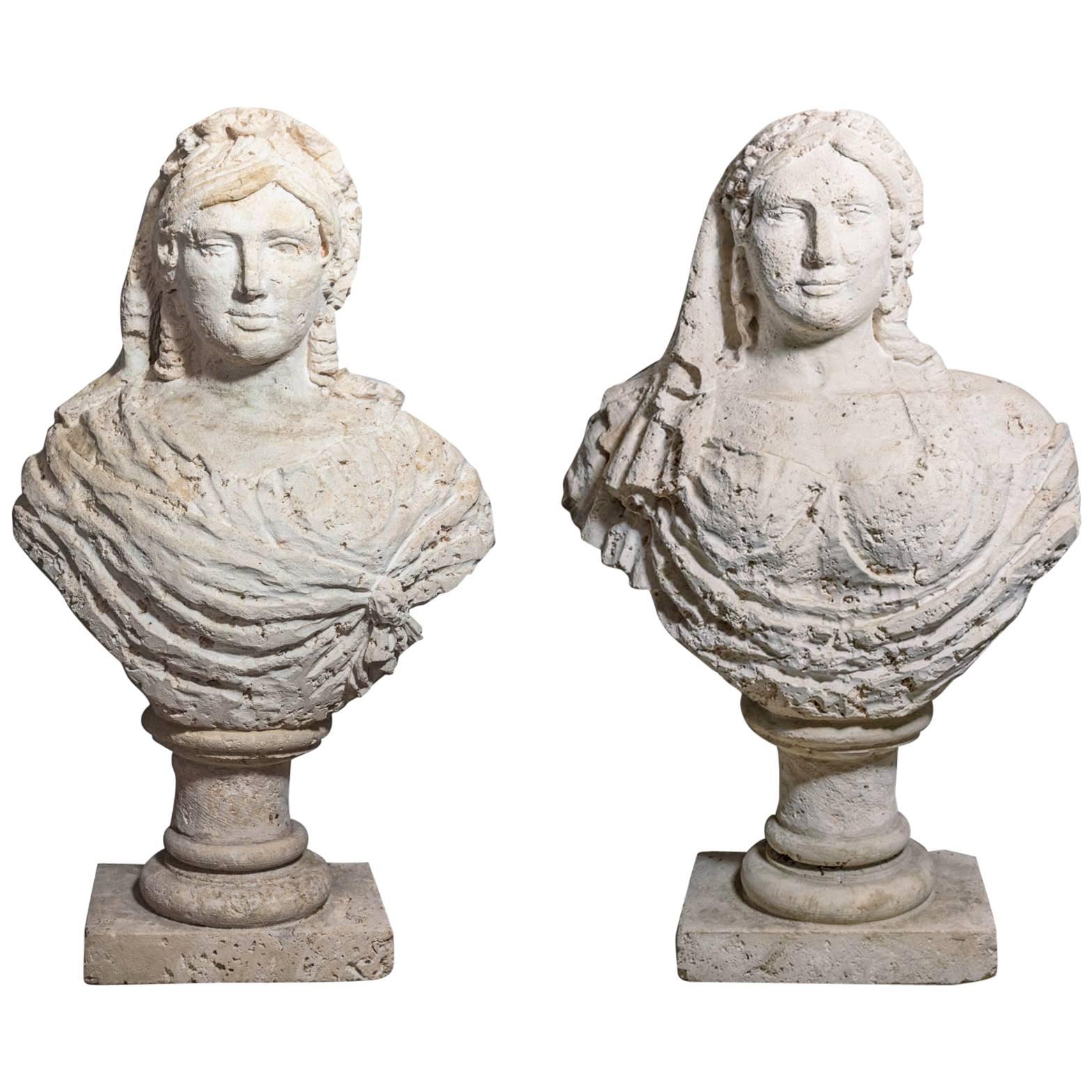 Spectacular and Probably Unique Pair of Carved Coral Busts of Aristocratic Women For Sale