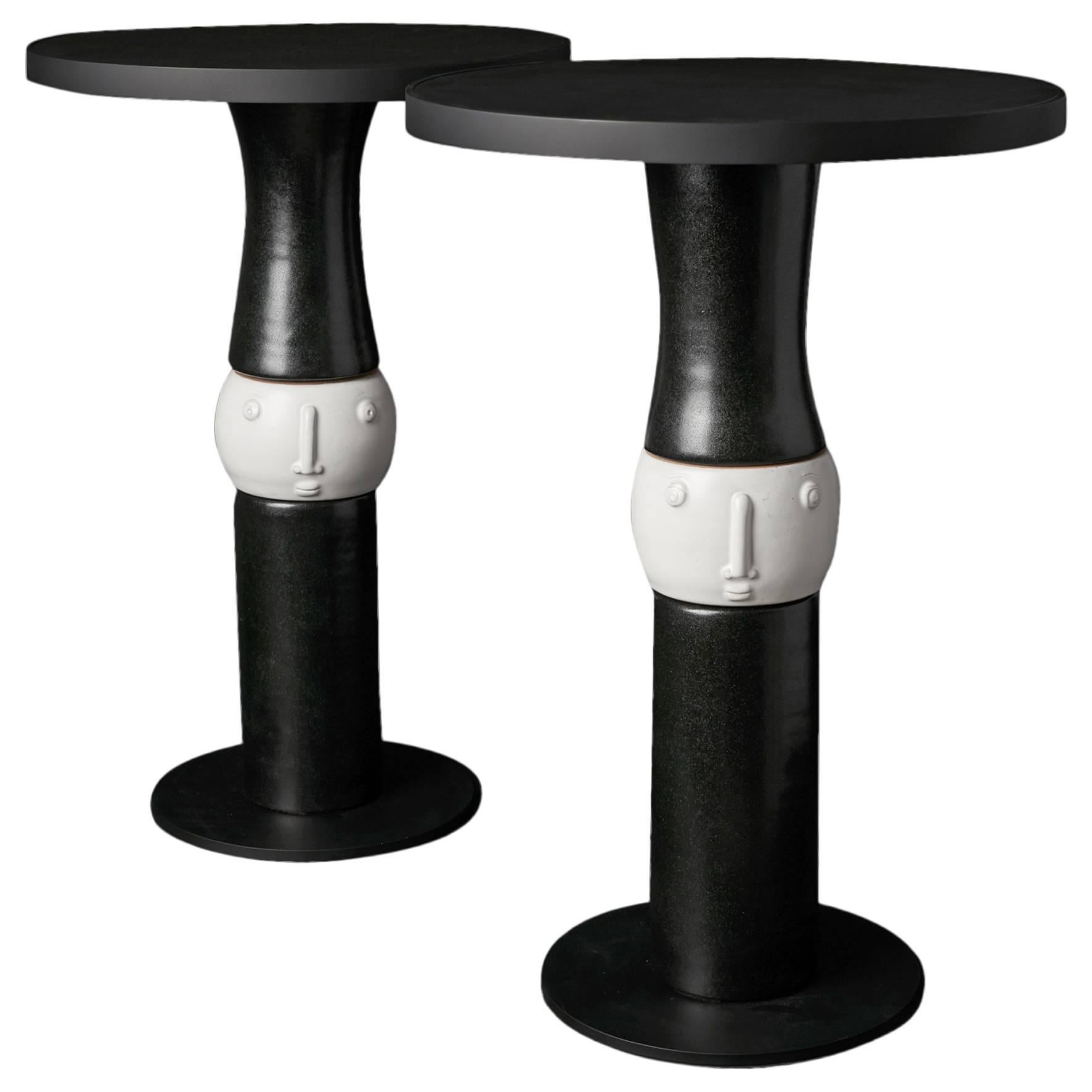 Ceramic and black Metal Gueridons / Side tables signed by Dalo