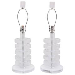 Pair of Cylindrical Chunky Lucite Lamps