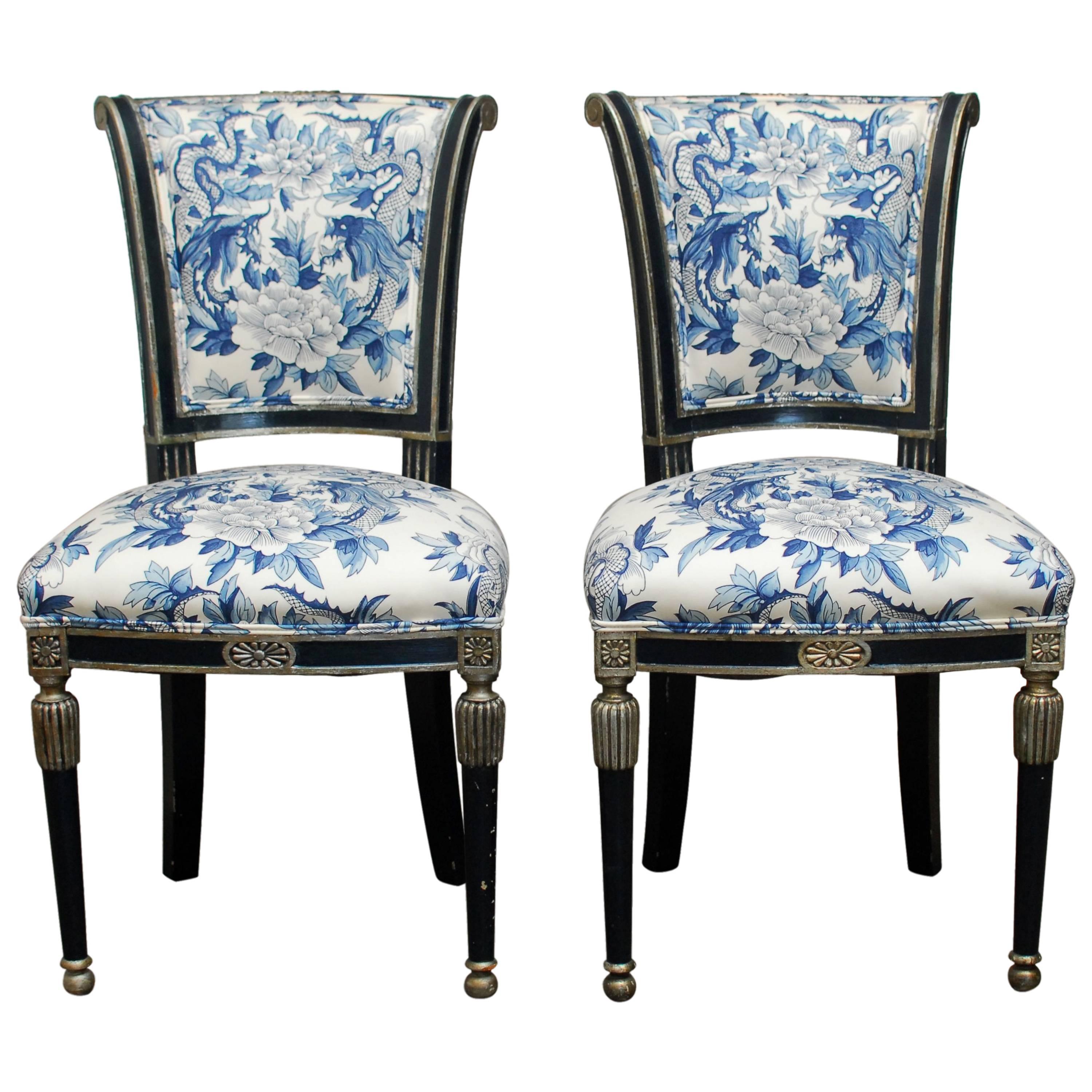 French Directoire Style Chairs with Chinoiserie Dragon Upholstery