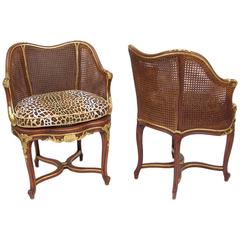 Antique Pair of Louis XV Style Caned Armchairs, circa 1900, with Cheetah Print