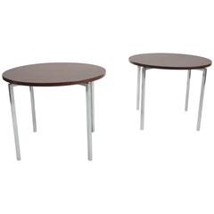 Early Matched Pair of Walnut and Steel Round Side Tables by Knoll International