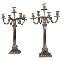 Pair of Antique German .830 Silver, Five-Branch Neoclassical Style Candelabras 