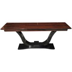 French Art Deco Exotic Macassar Ebony with Black Lacquer Console Table