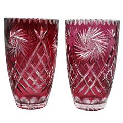 Pair of Ruby Overlay Crystal Cut Glass Vases