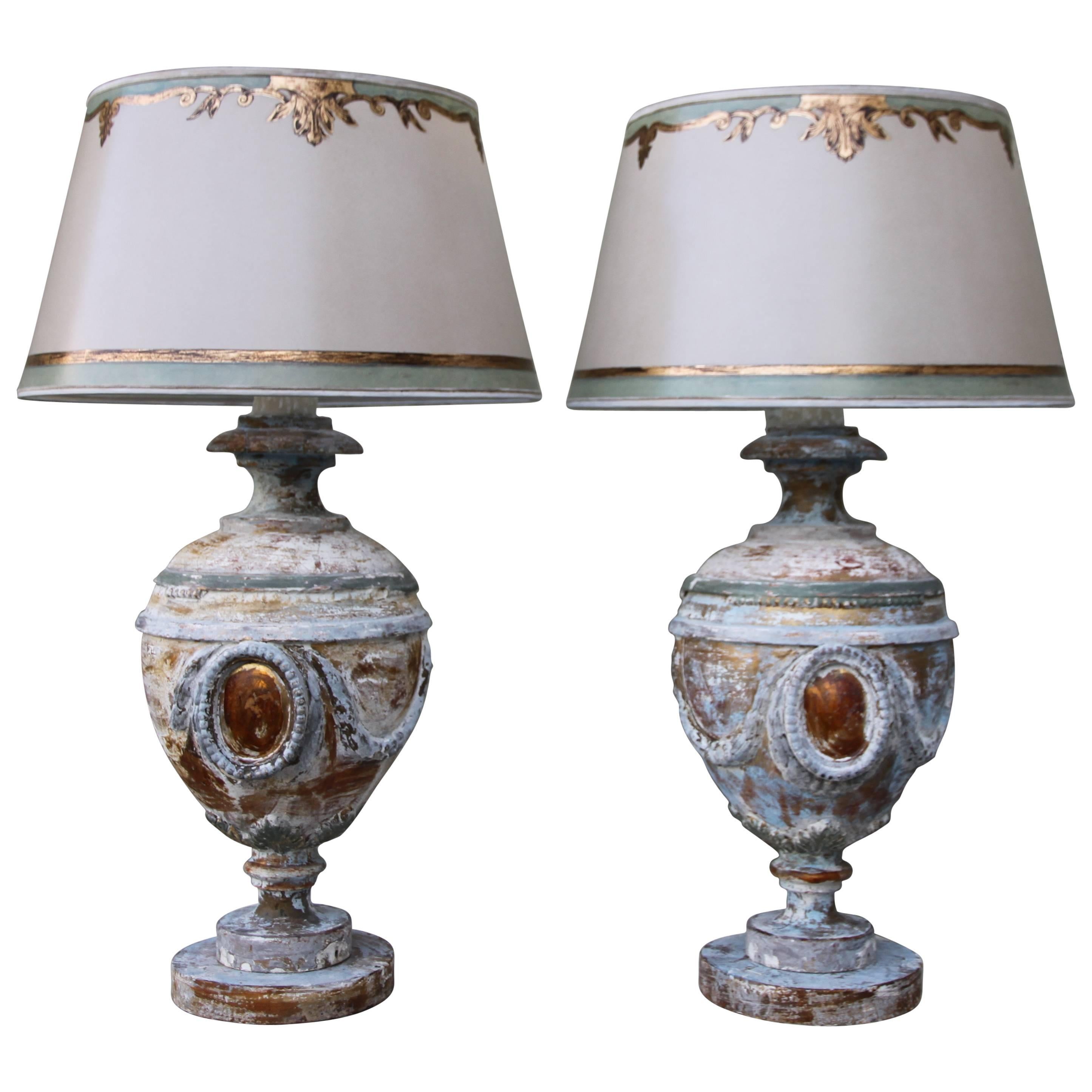 Pair of 19th Century Italian Urns Wired into Lamps and Crowned with Shades