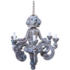 French Carved Wood Painted Six-Light Chandelier with Roses
