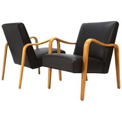 Pair of Thonet Bentwood and Leather Lounge Chairs