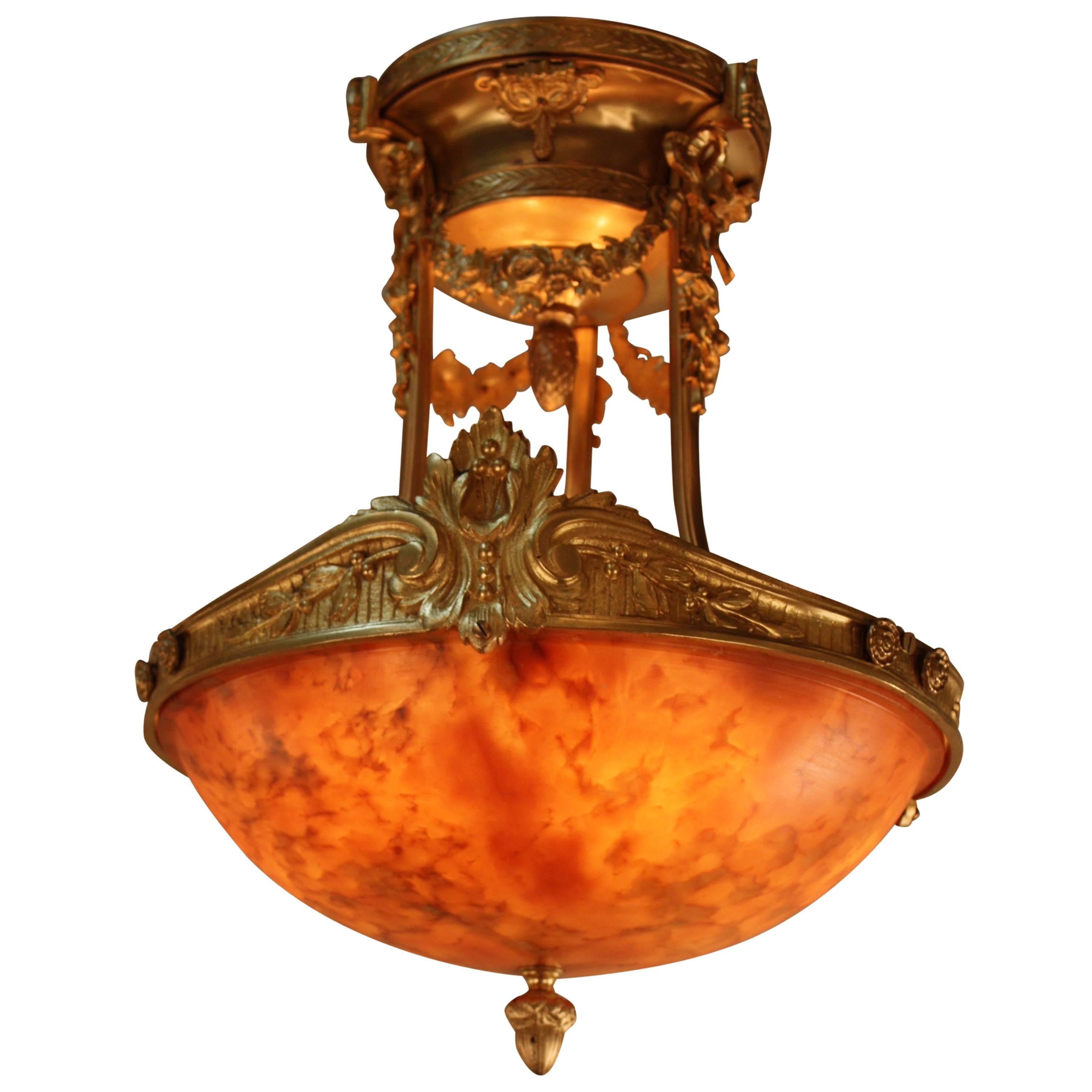French Alabaster and Bronze Semi Flush Mount Chandelier