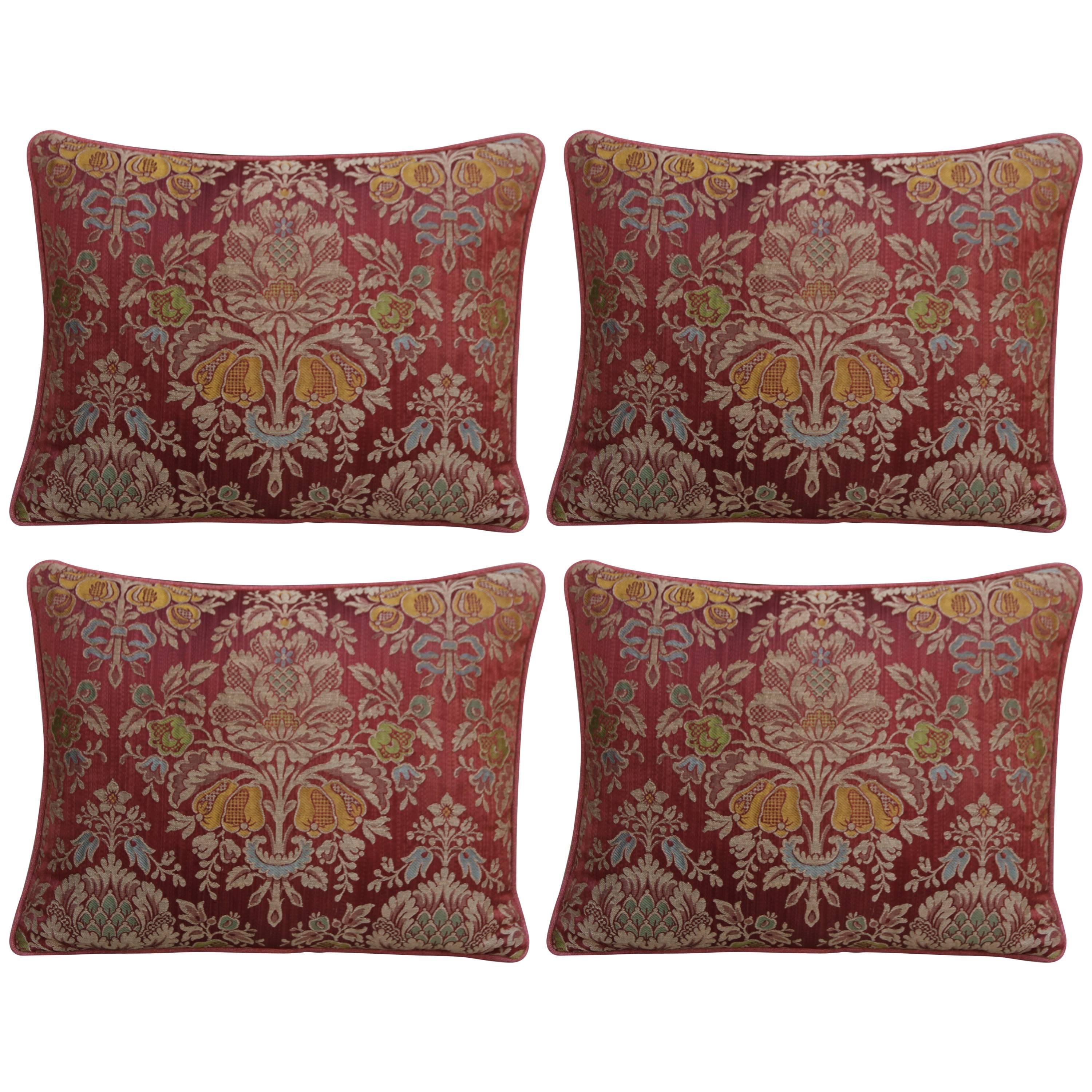 Pair of Antique Silk Damask Pillows with Linen Backs