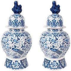 Pair of Dutch Delft Blue and White Octagonal Covered Jars
