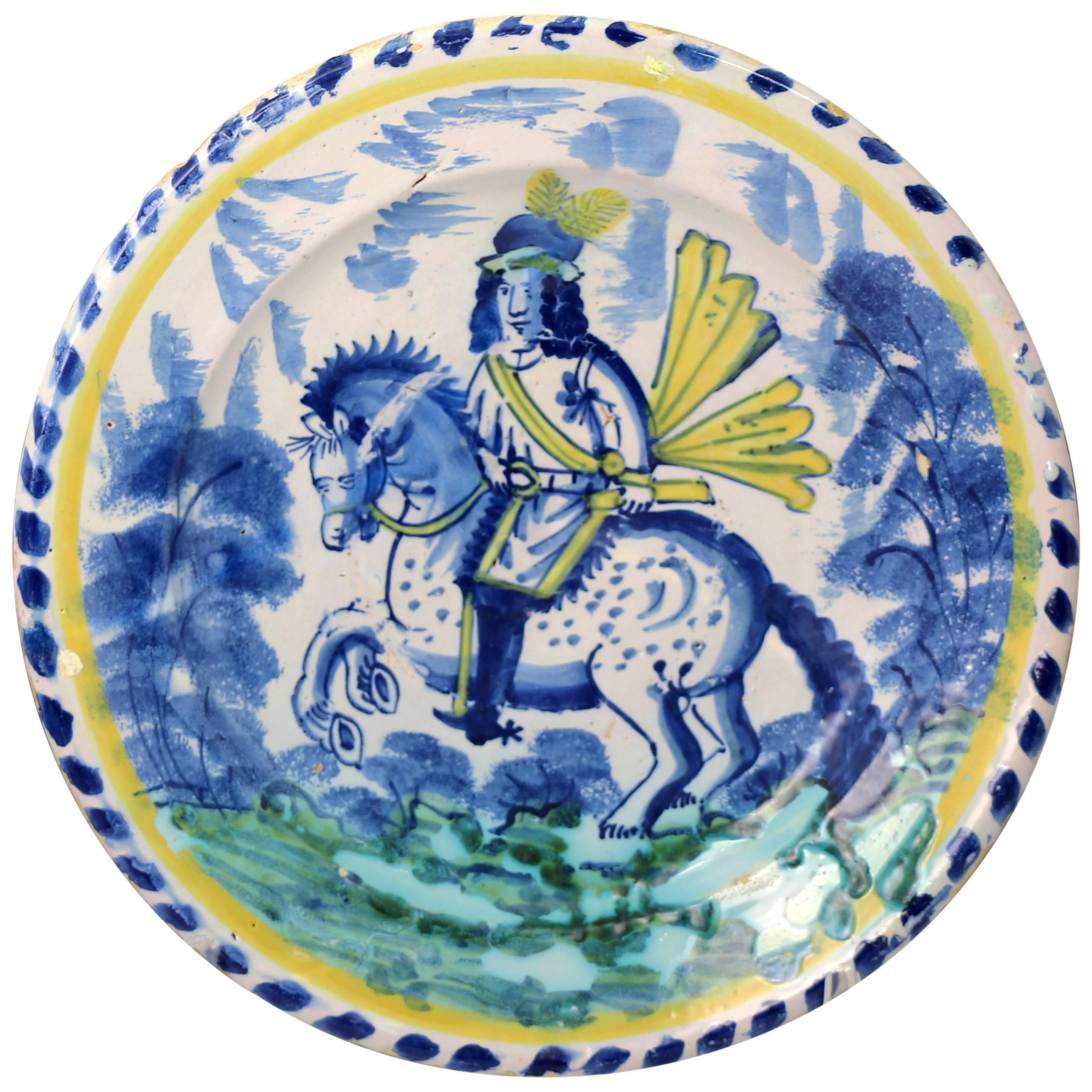 English Delftware Dash Pottery Charger with Equestrian Figure, Late 17th Century For Sale