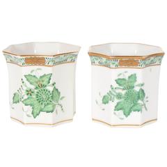 Vintage Gorgeous Pair of Porcelain Herend Chinese Bouquet Green Toothpick Holders