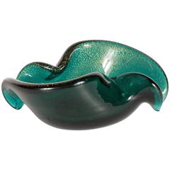 Organic Mid-Century Modernist Bowl in Handblown Teal Murano Glass with 24k Gold