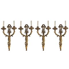 Elegant Set of Four Caldwell French Style Bronze Ribbon and Floral Sconces 3