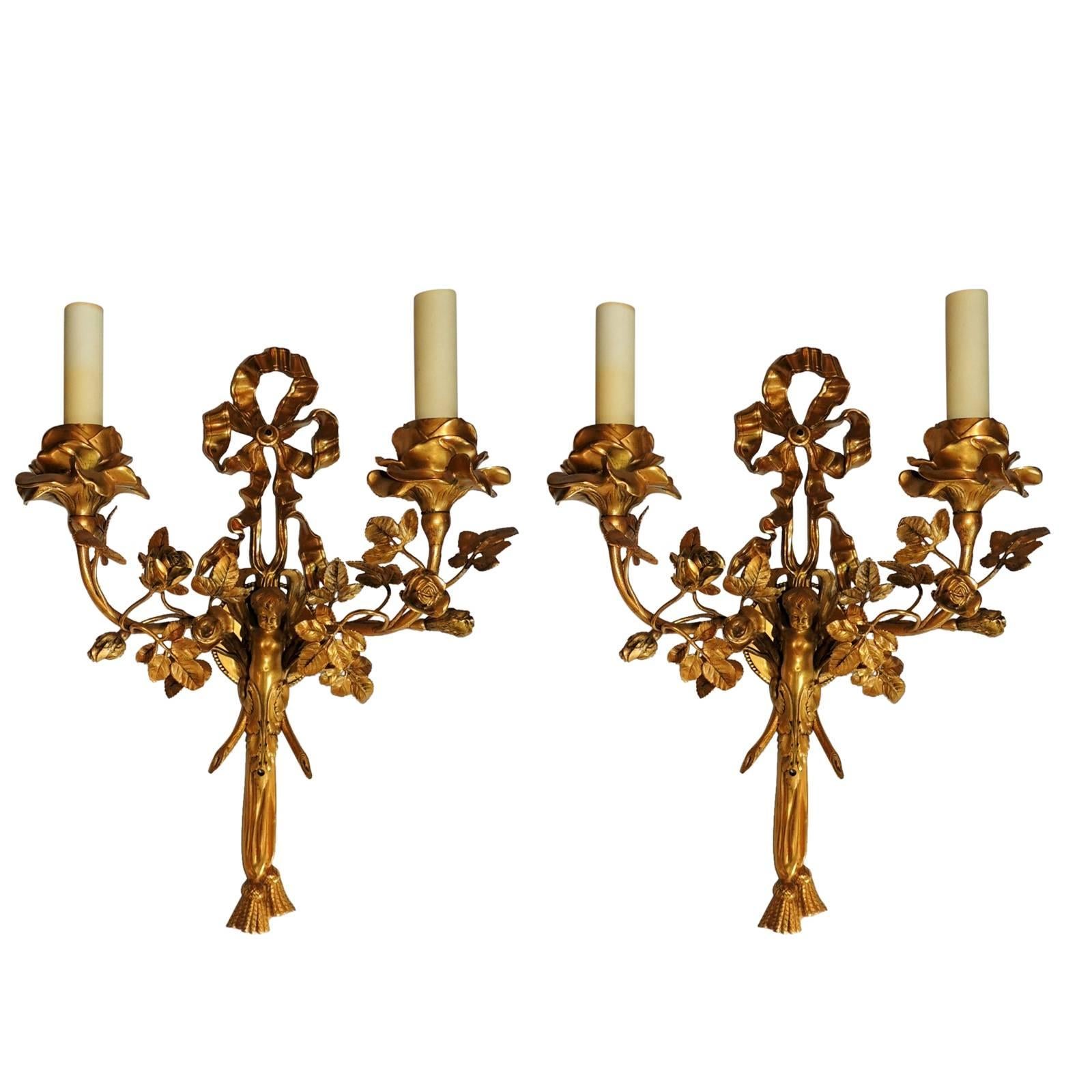 Wonderful Pair of Caldwell Dore Bronze Ribbon Tassel Floral Putti Cherub Sconces