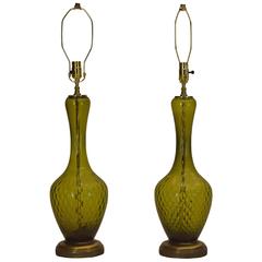 Vintage Italian Olive Green Table Lamps Handblown in Italy