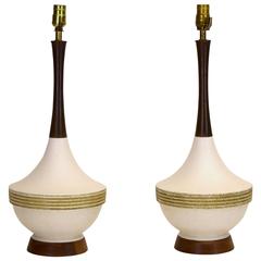 Danish Style American Vintage Teak and Ceramic Lamp Pair