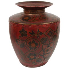 Antique Kashmiri Indo-Raj Red Hand-Painted Metal Jar Vessel