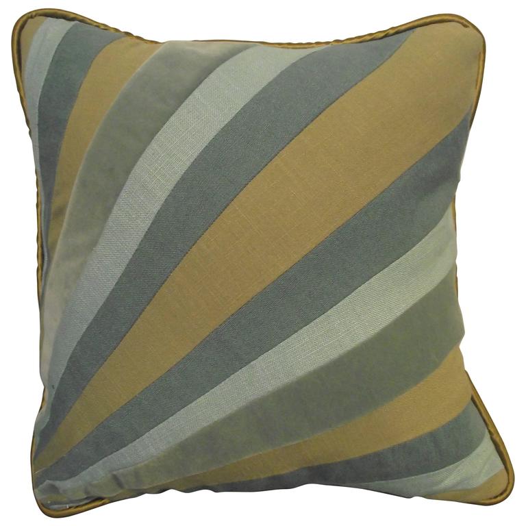 Throw Pillow Out of Blue Velvet and Linen Fabric Diagonal Stripe For Sale at 1stdibs