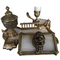 Antique Ink Well Set Solid Brass & Marble, Desk Set, gifts for men, desk accessory