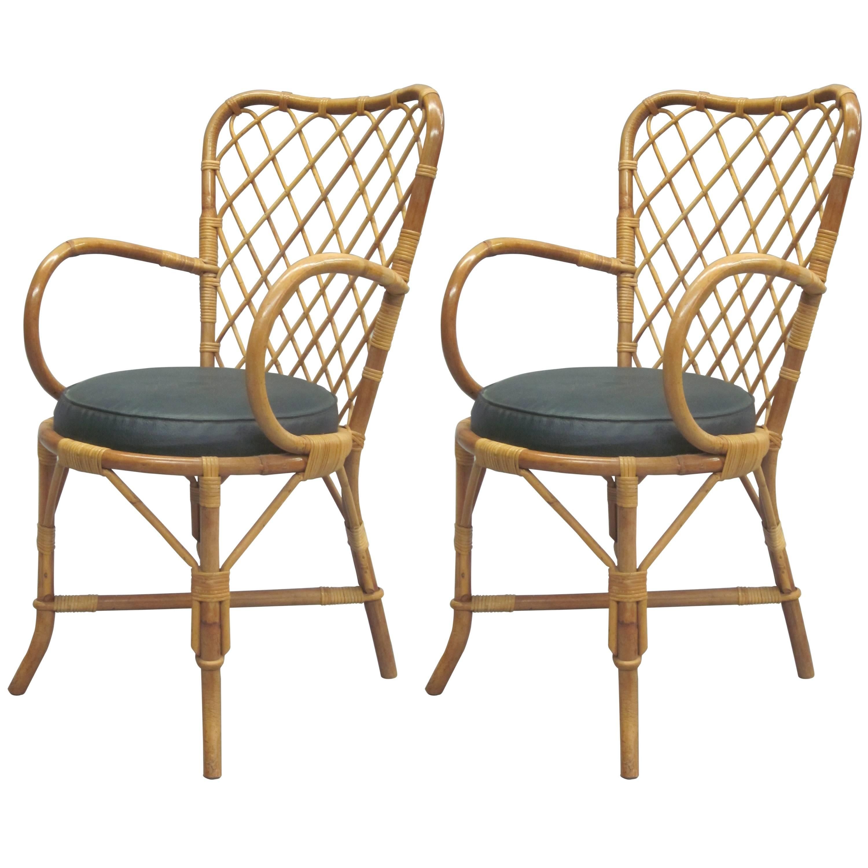 Two French Mid-Century Modern Rattan Side or Desk Chairs Attrib. to Jean Royère