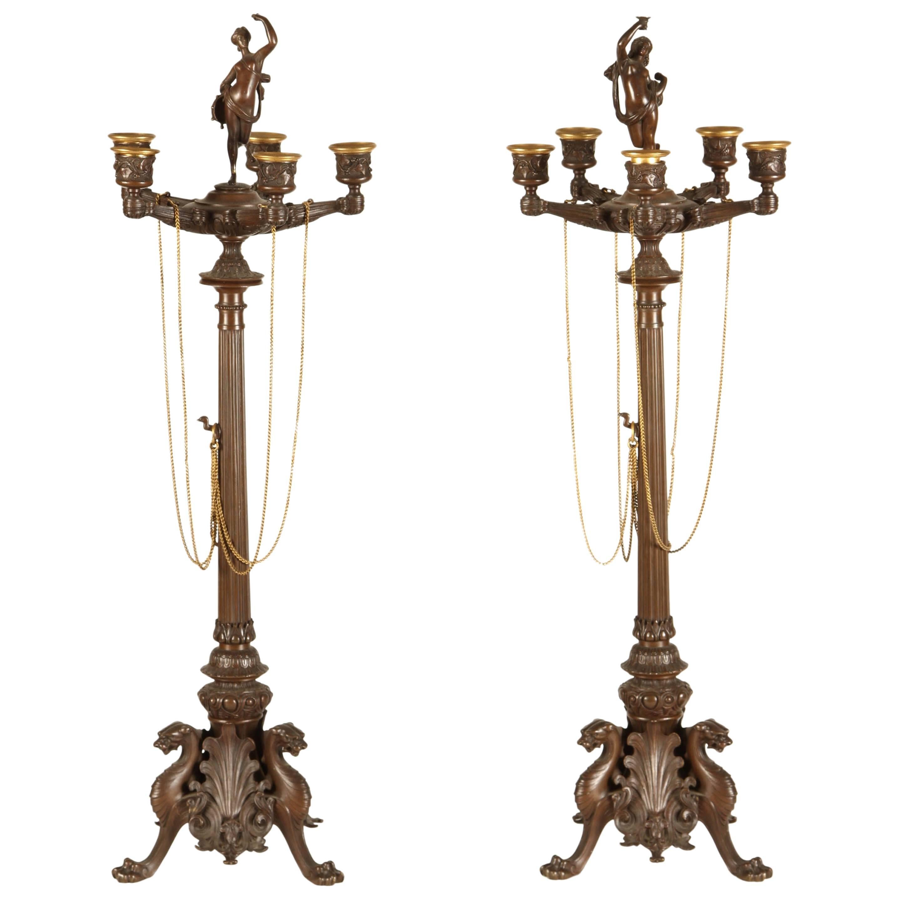 Pair of French Bronze Gothic Revival Candlesticks