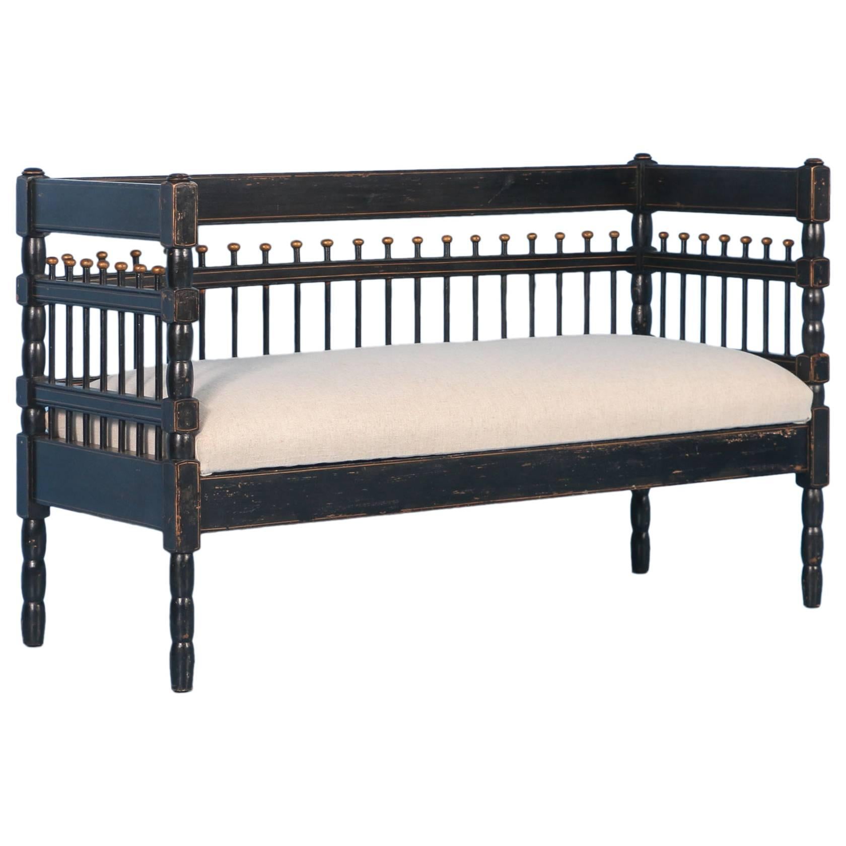 Antique Swedish Original Black Painted Small Gustavian Bench, circa 1880