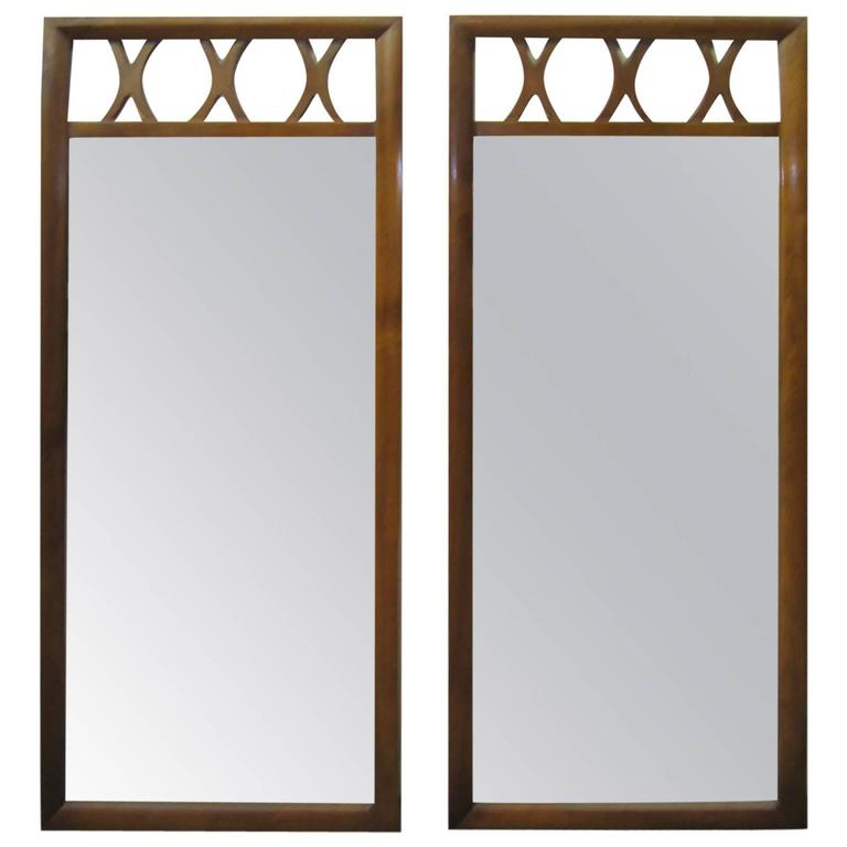 Handsome Pair of Lattice Top Walnut Mirrors American Mid-Century Modern