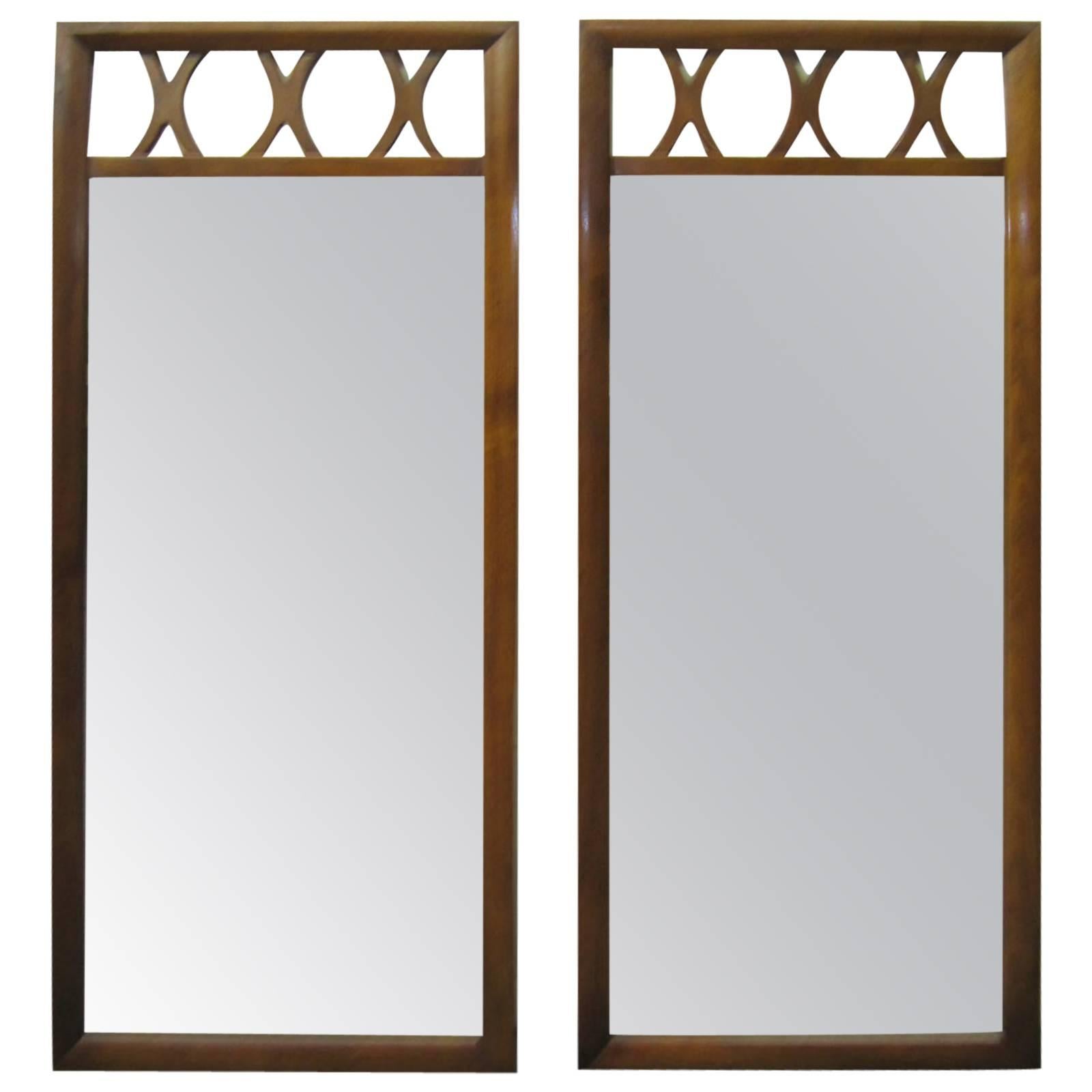 Handsome Pair of Lattice Top Walnut Mirrors American Mid-Century Modern