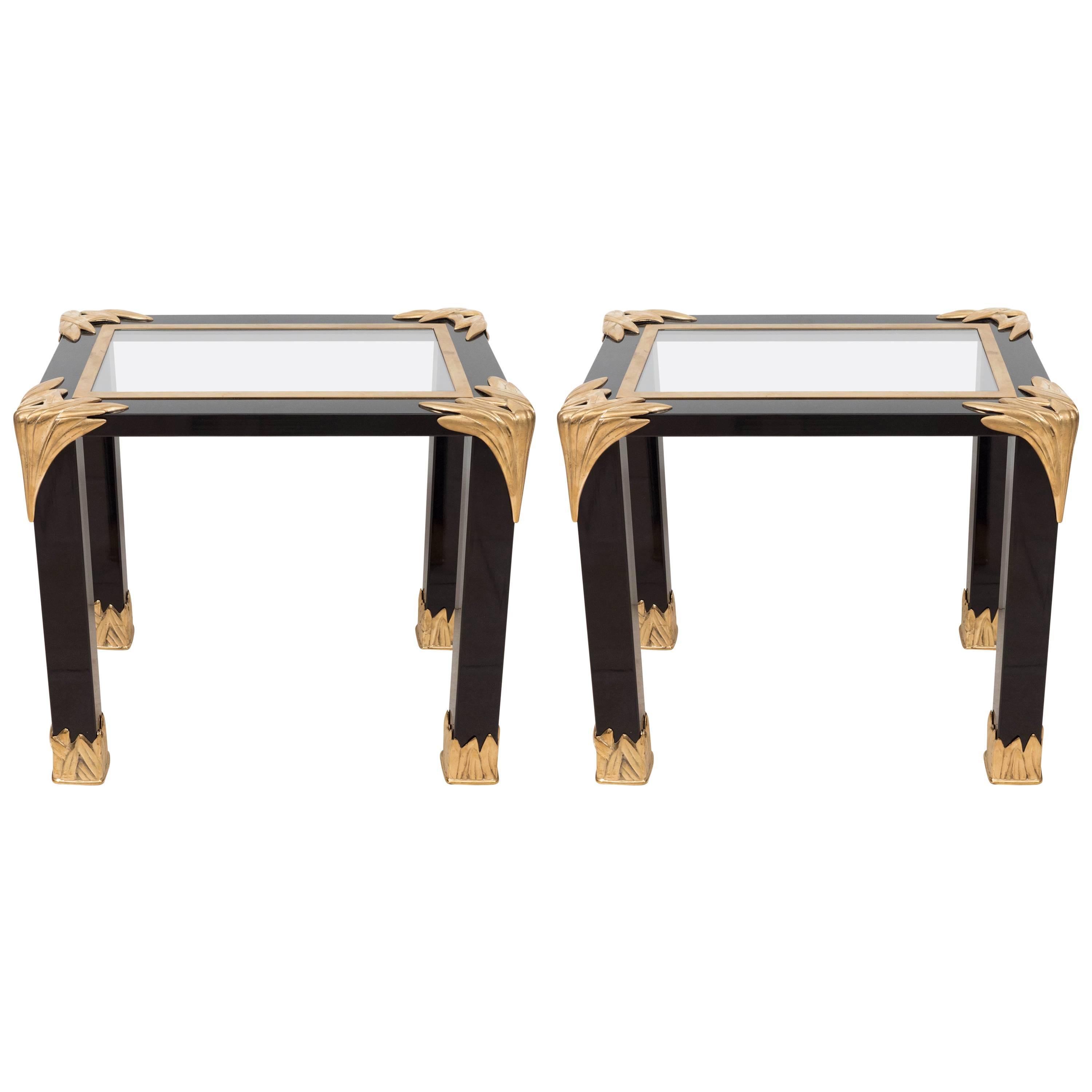 Pair of Black Lacquered Wood and Glass Side Tables