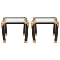 Pair of Black Lacquered Wood and Glass Side Tables