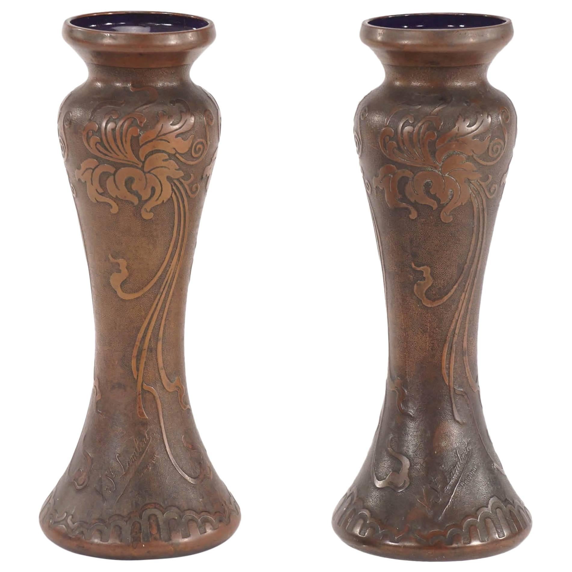 Coppia di vasi Art Nouveau in ametista firmati Val Saint Lambert con patina di bronzo