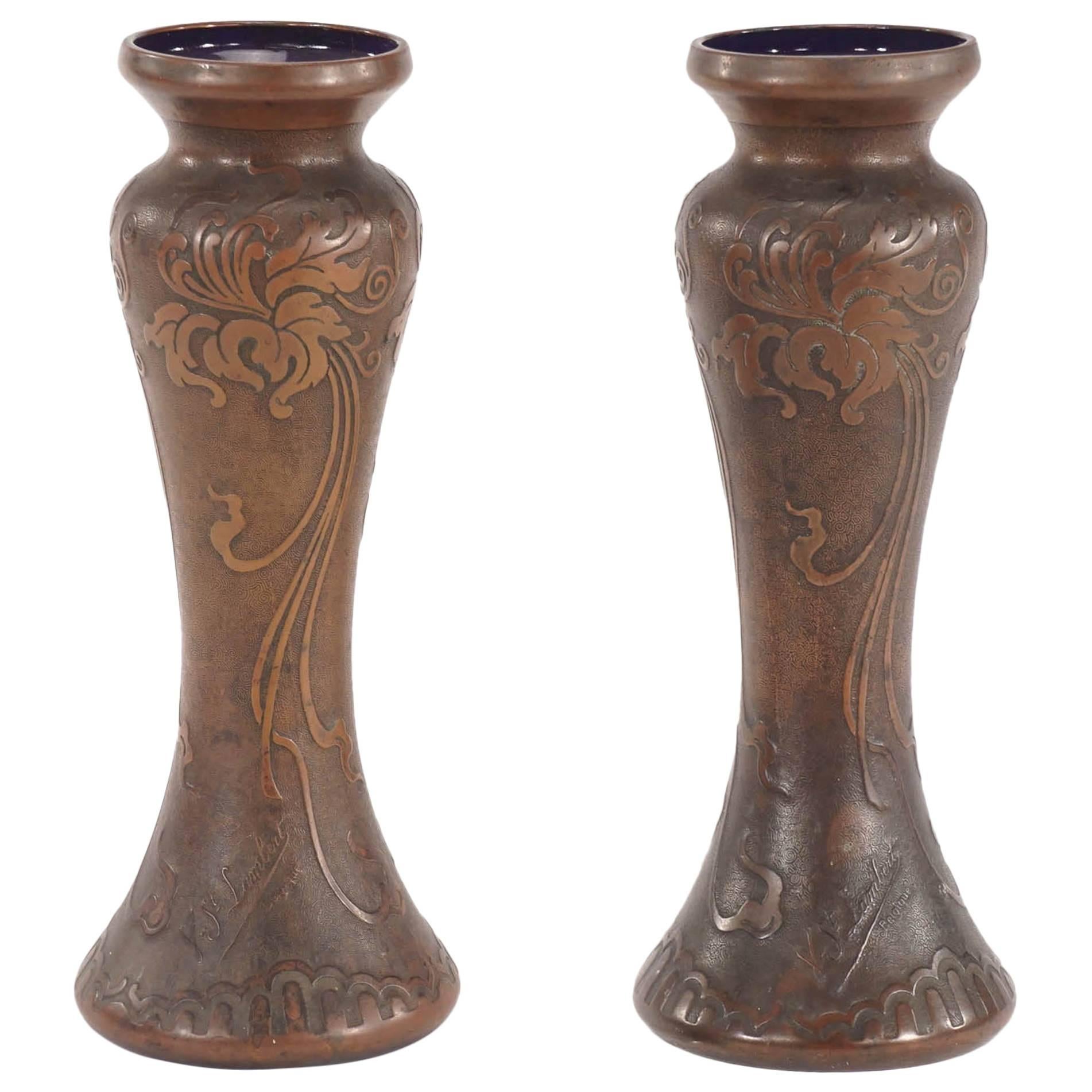 Pair of Signed Val Saint Lambert Amethyst Art Nouveau Vases with Bronze Patina  For Sale