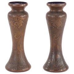 Pair of Signed Val Saint Lambert Amethyst Art Nouveau Vases with Bronze Patina 