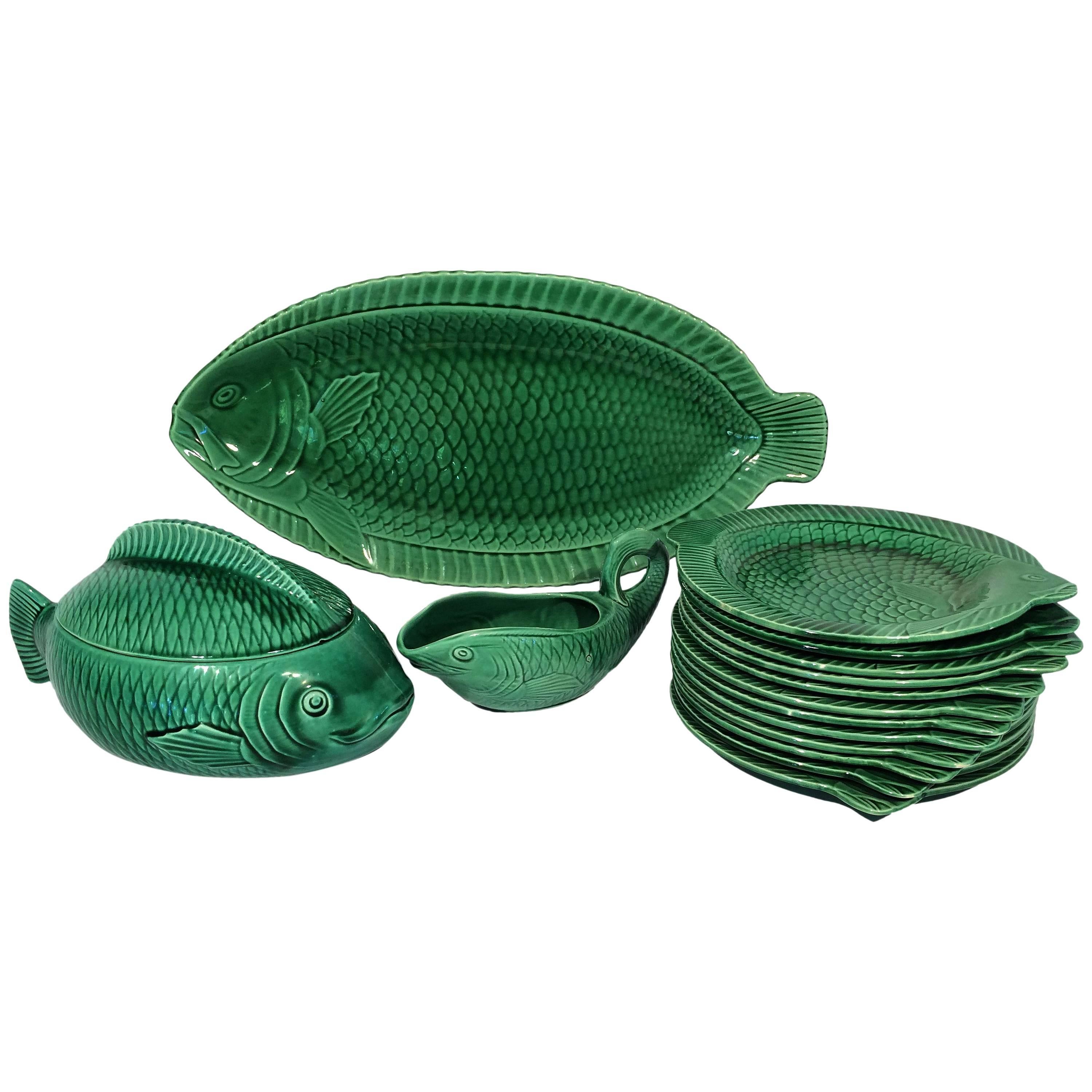 French Green Majolica Fish Set by Sarreguemines