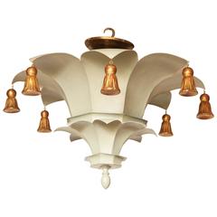 Vintage Painted Tole Ceiling Light with Bell Tassels